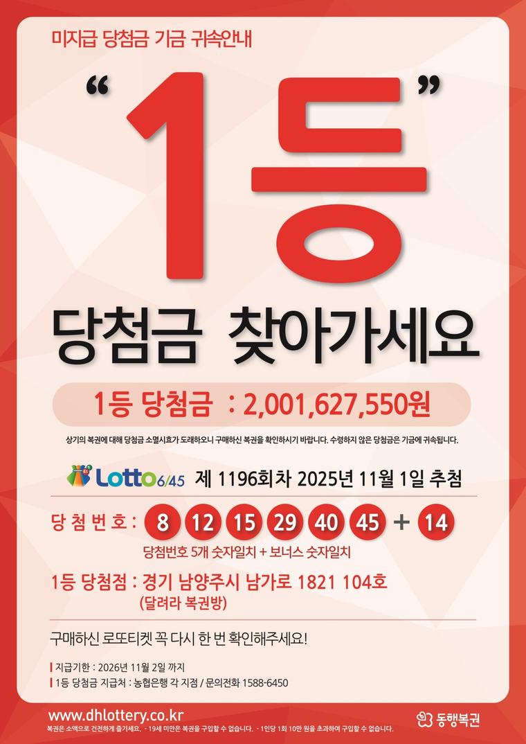 “작년 11월 당첨된 로또 20억…50여일 남았습니다, 찾아가세요”